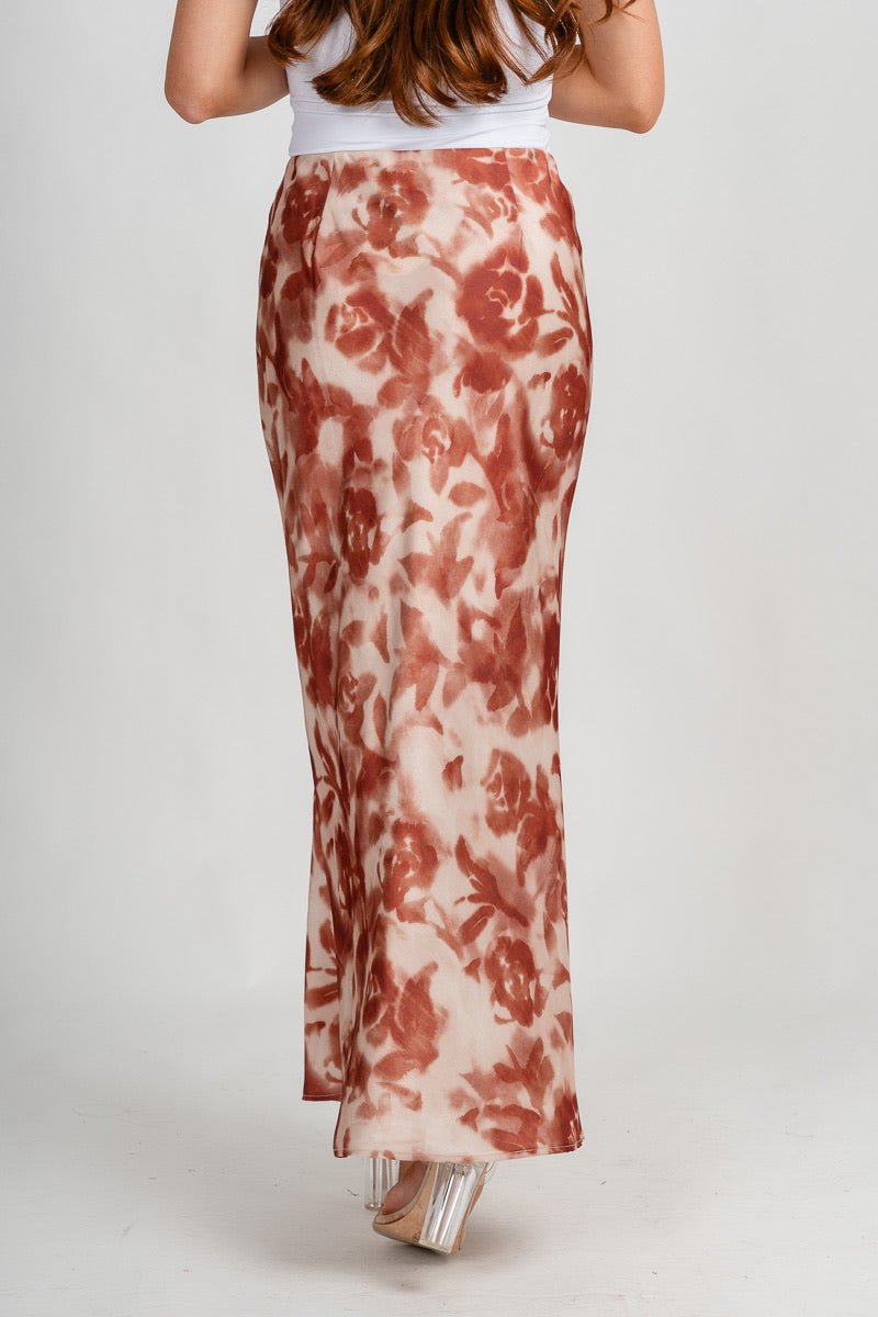 Satin floral maxi skirt rust