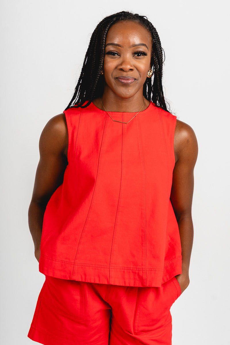 Sleeveless denim flare top red