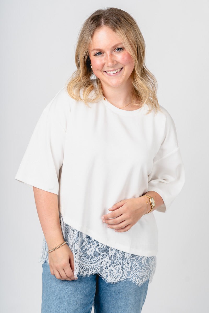 Short sleeve lace trim top off white