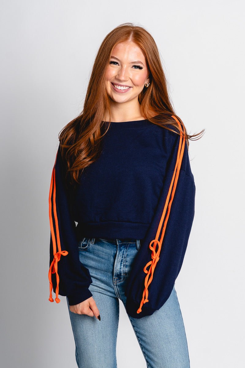 Contrast terry sweatshirt navy - Trendy OKC Apparel at Lush Fashion Lounge Boutique in Oklahoma City