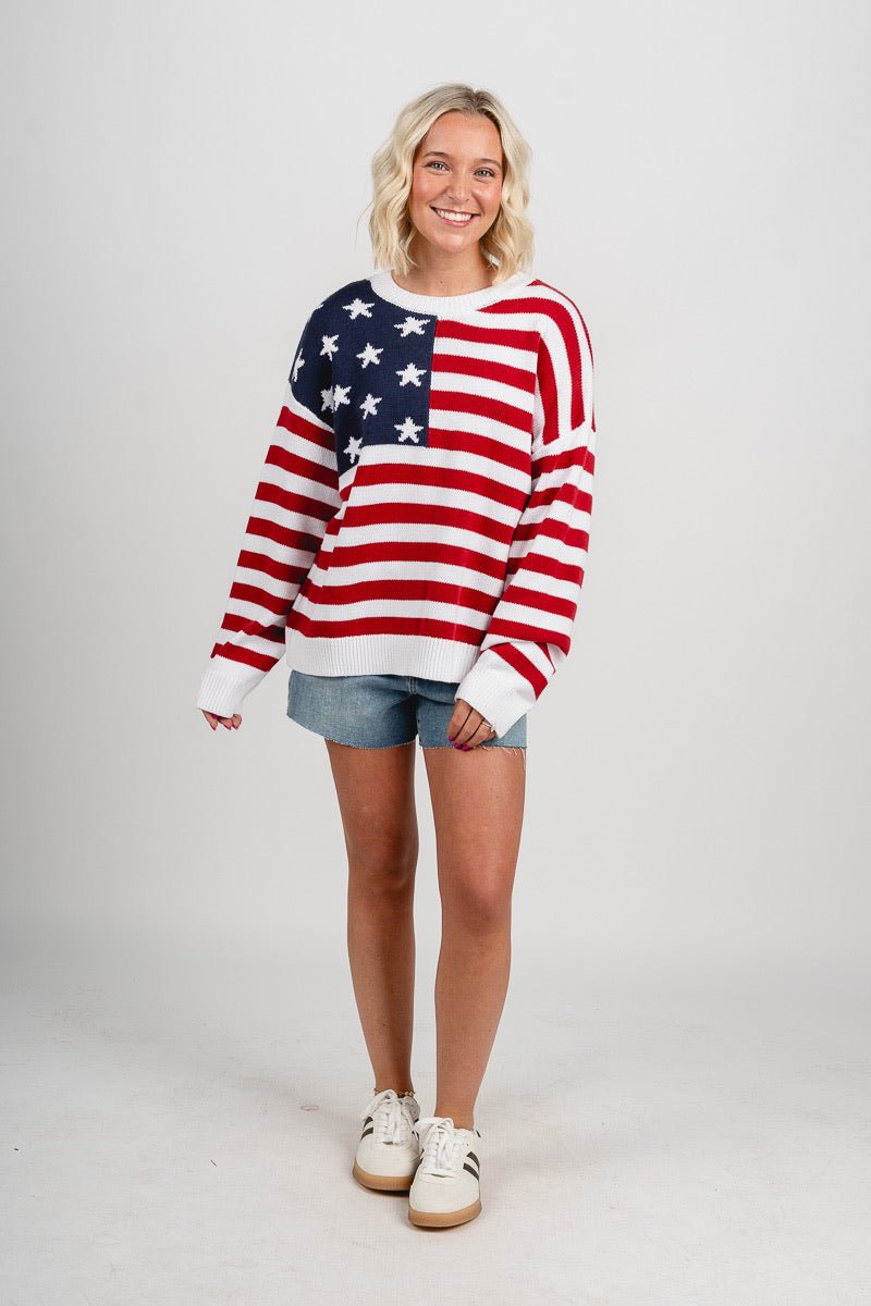 American flag sweater red/white/navy - Stylish Sweater - Trendy American Summer Fashion at Lush Fashion Lounge Boutique in Oklahoma