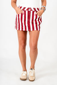 OU Striped mini skort crimson/white skort | Lush Fashion Lounge Trendy Oklahoma University Sooners Apparel & Cute Gameday T-Shirts