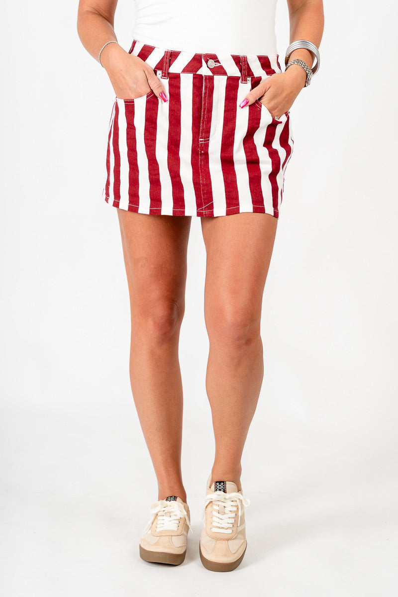 OU Striped mini skort crimson/white skort | Lush Fashion Lounge Trendy Oklahoma University Sooners Apparel & Cute Gameday T-Shirts