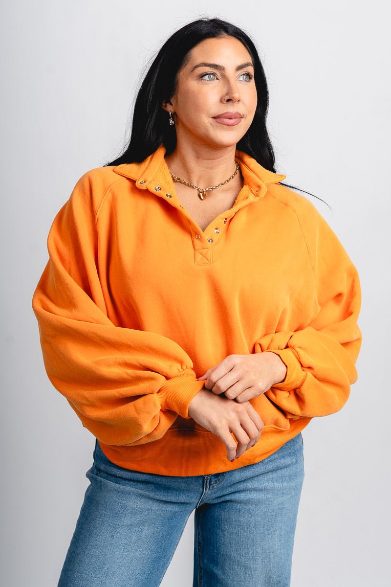 Collared oversized sweatshirt orange - Cute Sweatshirt - Fun Cozy Basics at Lush Fashion Lounge Boutique in Oklahoma City