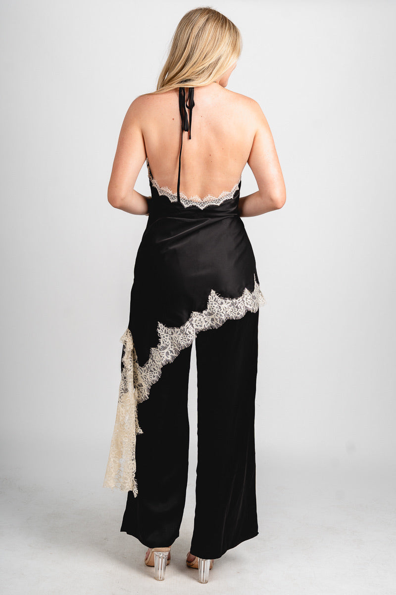 Satin lace trim halter jumpsuit black