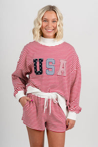Mid rise striped shorts red/white - Stylish Shorts - Trendy American Summer Fashion at Lush Fashion Lounge Boutique in Oklahoma