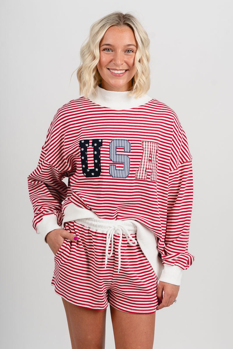 Mid rise striped shorts red/white - Stylish Shorts - Trendy American Summer Fashion at Lush Fashion Lounge Boutique in Oklahoma