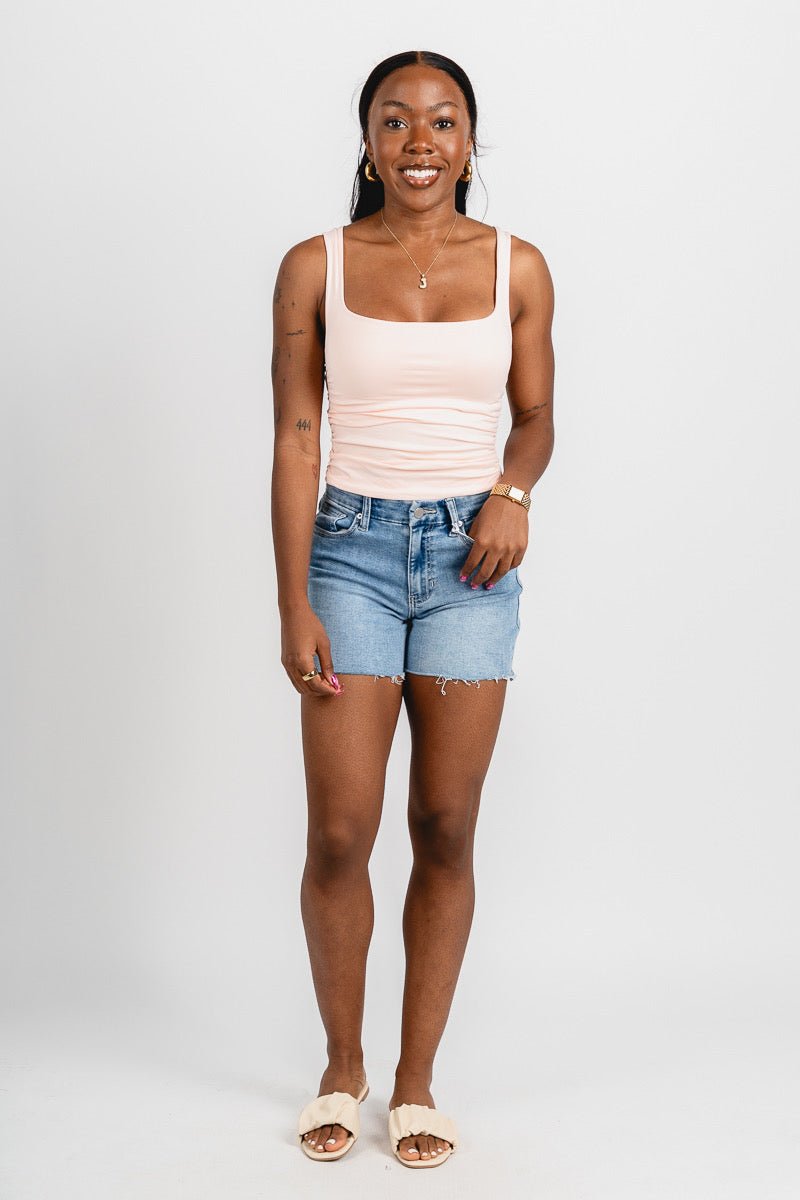 Square neck ruched tank top peachy pink - Affordable tank top - Boutique Tank Tops at Lush Fashion Lounge Boutique in Oklahoma City