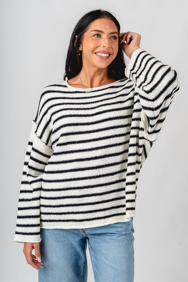 Striped oversized sweater cream/black – Boutique Sweaters | Fashionable Sweaters at Lush Fashion Lounge Boutique in Oklahoma City