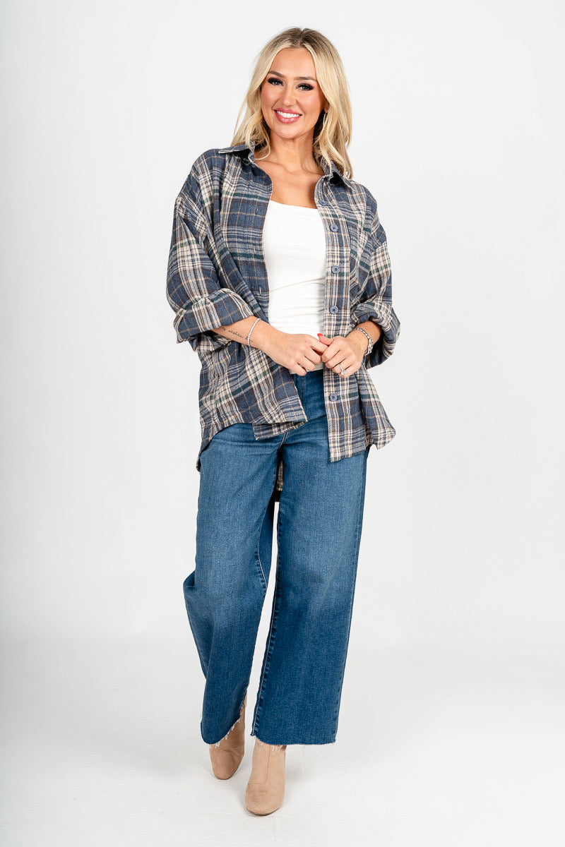 Button up plaid top denim
