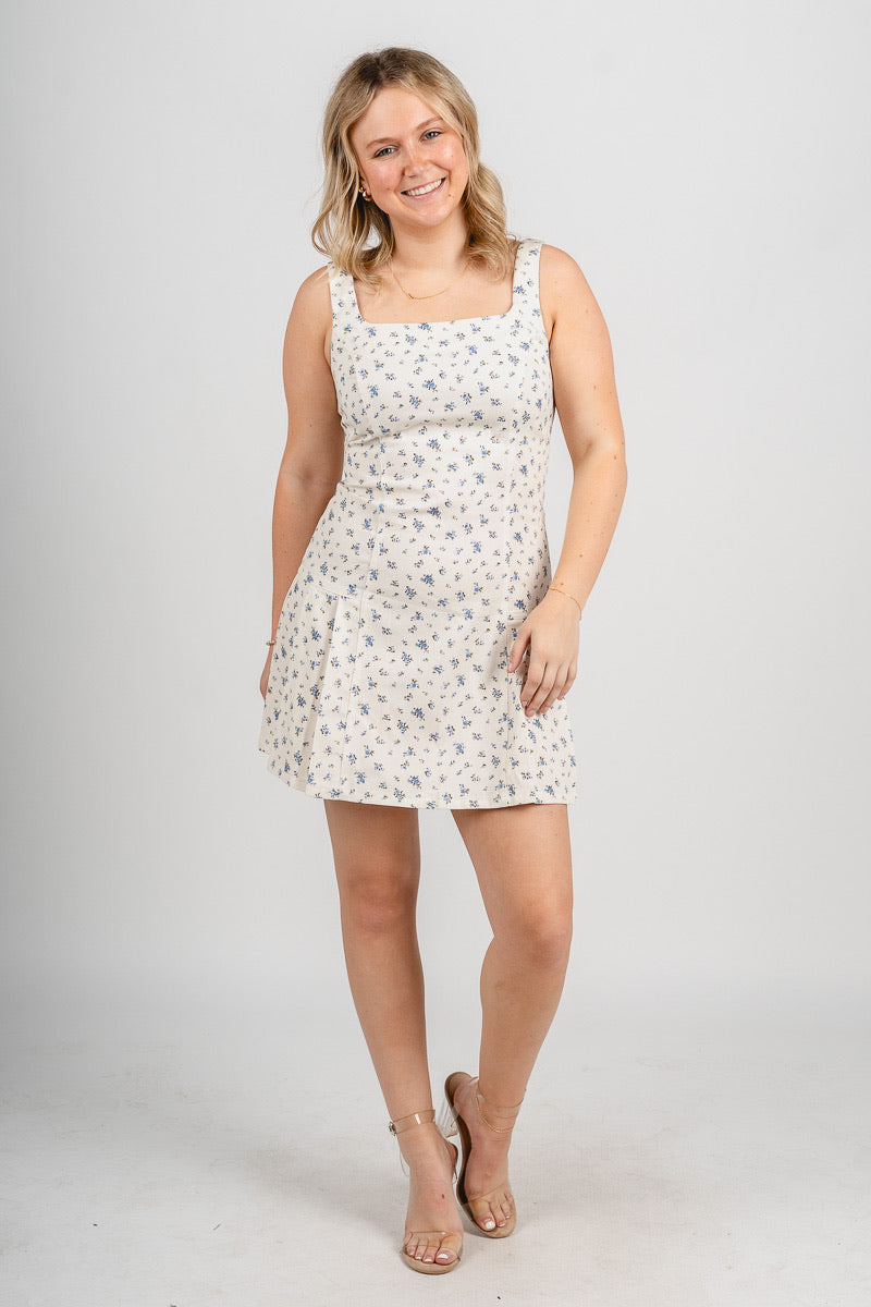 Sleeveless floral mini dress cream/blue - Trendy dress - Fashion Dresses at Lush Fashion Lounge Boutique in Oklahoma City