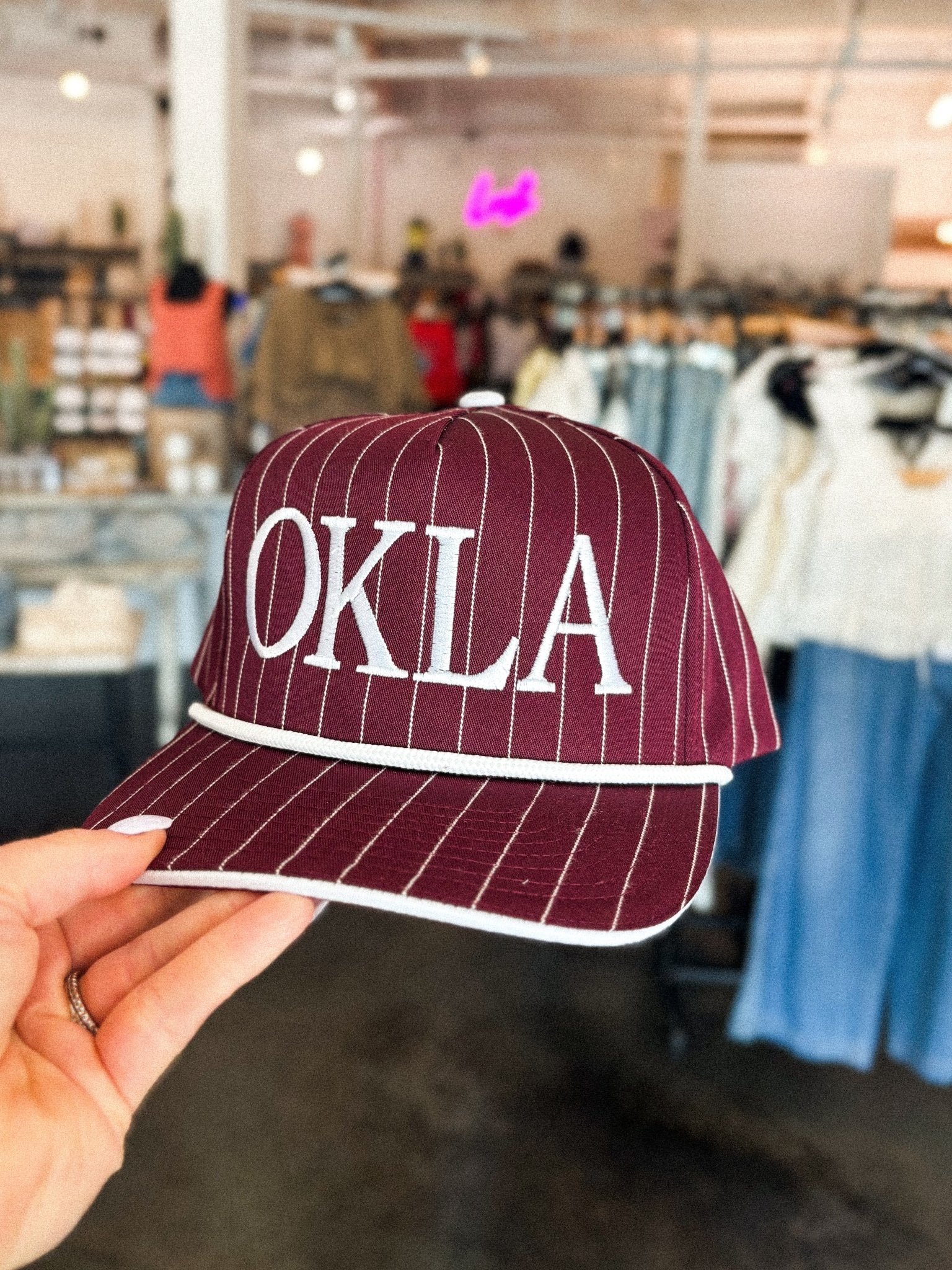 OKLA pinstripe hat crimson - Trendy Gifts at Lush Fashion Lounge Boutique in Oklahoma City