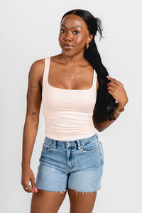 Square neck ruched tank top peachy pink - Cute tank top - Trendy Tank Tops at Lush Fashion Lounge Boutique in Oklahoma City