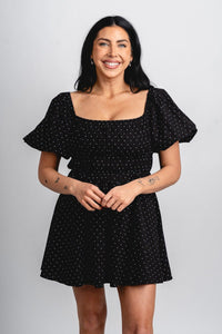 Puff sleeve polka dot mini dress black - Affordable dress - Boutique Dresses at Lush Fashion Lounge Boutique in Oklahoma City
