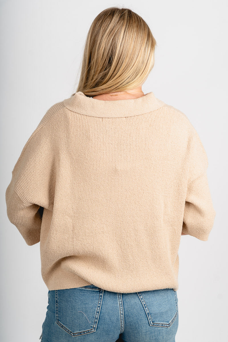 Collared short sleeve sweater light taupe