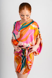 Abstract wrap dress pink multi - Trendy dress - Cute Vacation Collection at Lush Fashion Lounge Boutique in Oklahoma City