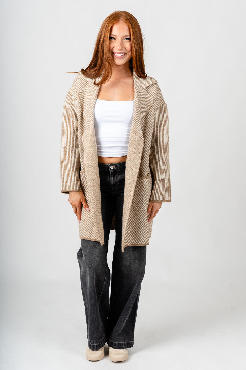 Striped open front cardigan cream/sand