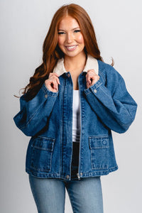 Denim barn jacket denim/cream – Trendy Jackets | Cute Fashion Blazers at Lush Fashion Lounge Boutique in Oklahoma City