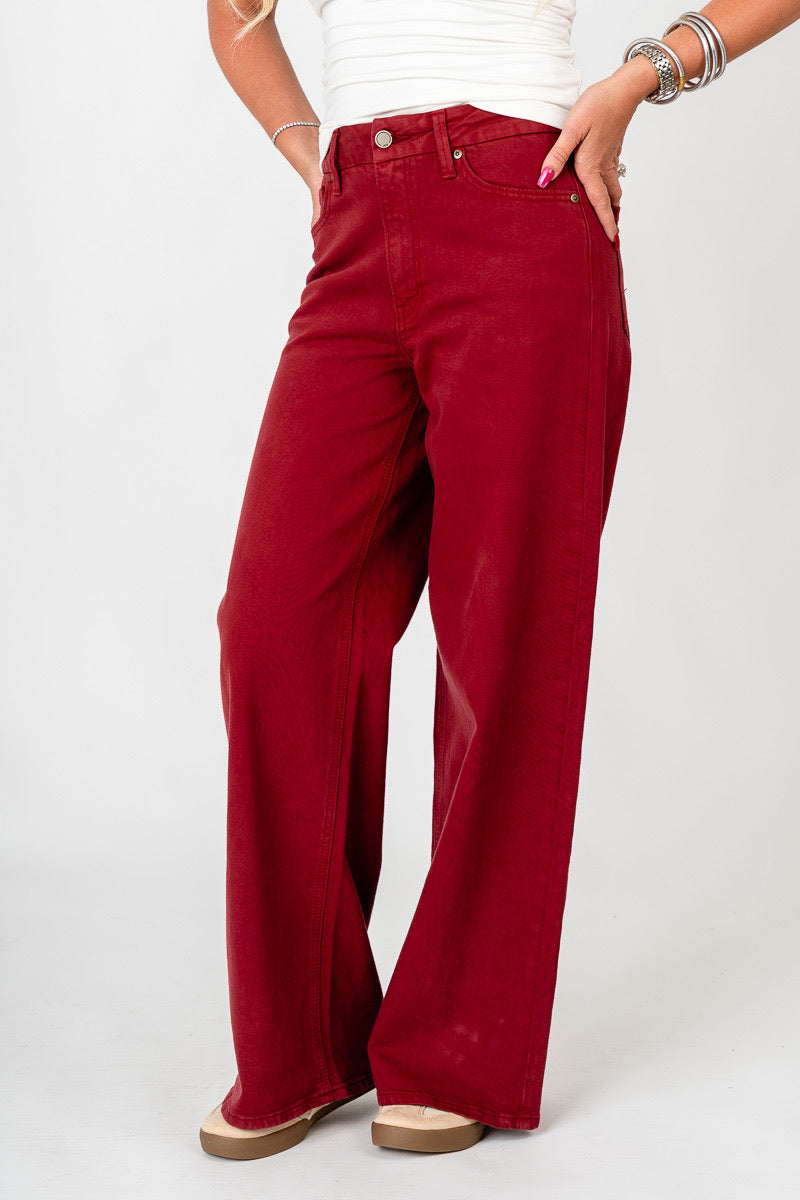 OU Just USA high rise palazzo wide leg jeans dark cherry jeans | Lush Fashion Lounge Trendy Oklahoma University Sooners Apparel & Cute Gameday T-Shirts