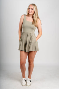 Sleeveless knit romper pale olive Stylish Romper - Womens Fashion Rompers & Pantsuits at Lush Fashion Lounge Boutique in Oklahoma City