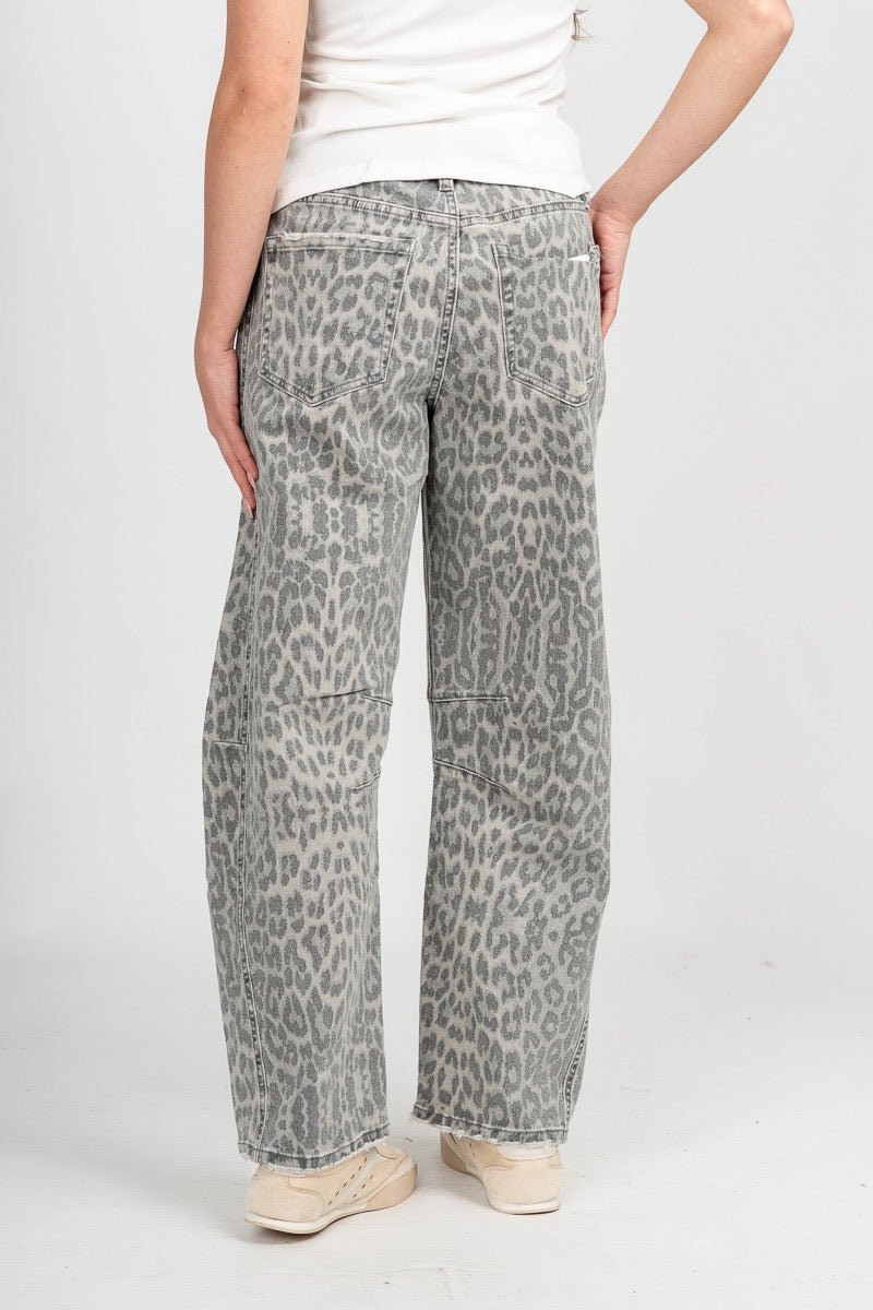 Vervet high rise leopard barrel jeans grey | Lush Fashion Lounge: boutique women's jeans, fashion jeans for women, affordable fashion jeans, cute boutique jeans