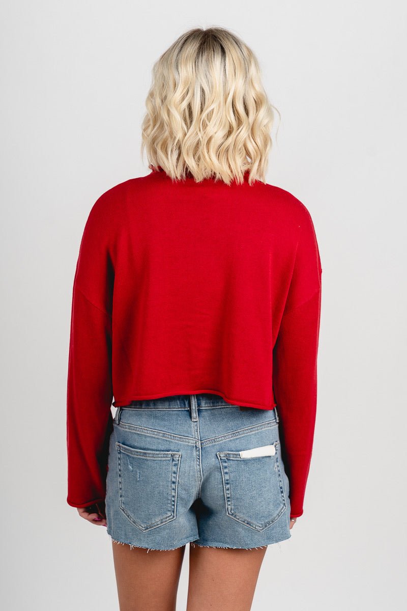USA mock neck sweater red - Adorable Sweater - Stylish Patriotic Summer Graphic Tees at Lush Fashion Lounge Boutique in OKC