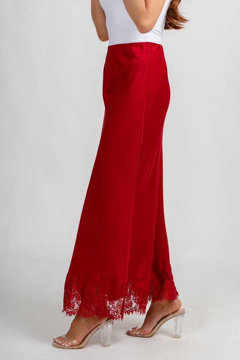 Satin lace trim maxi skirt crimson | Lush Fashion Lounge: boutique fashion skirts, affordable boutique skirts, cute affordable skirts