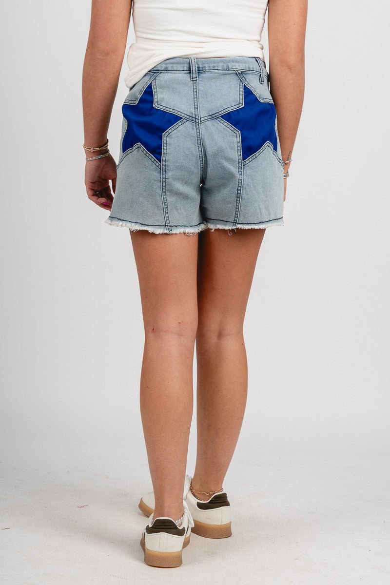 Star cut out denim shorts light denim - Adorable Shorts - Stylish Patriotic Summer Graphic Tees at Lush Fashion Lounge Boutique in OKC