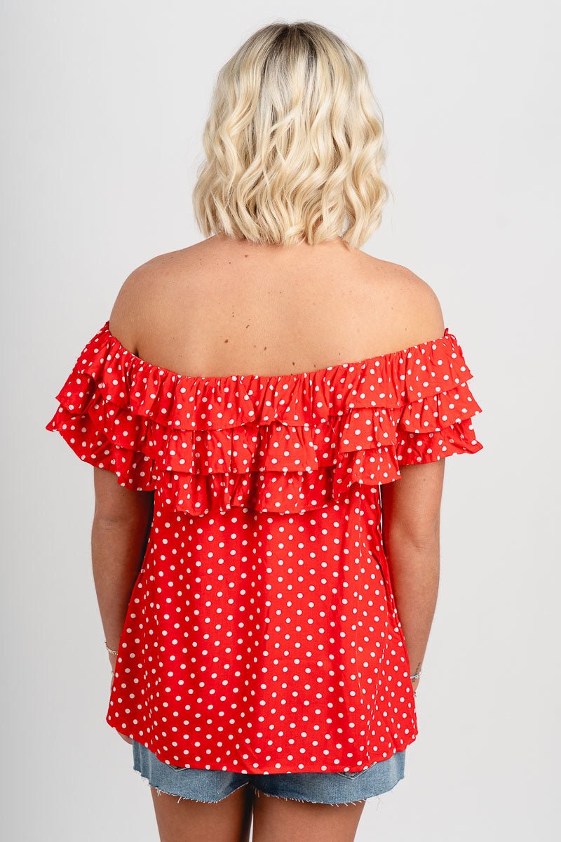 Off shoulder polka dot ruffle top red
