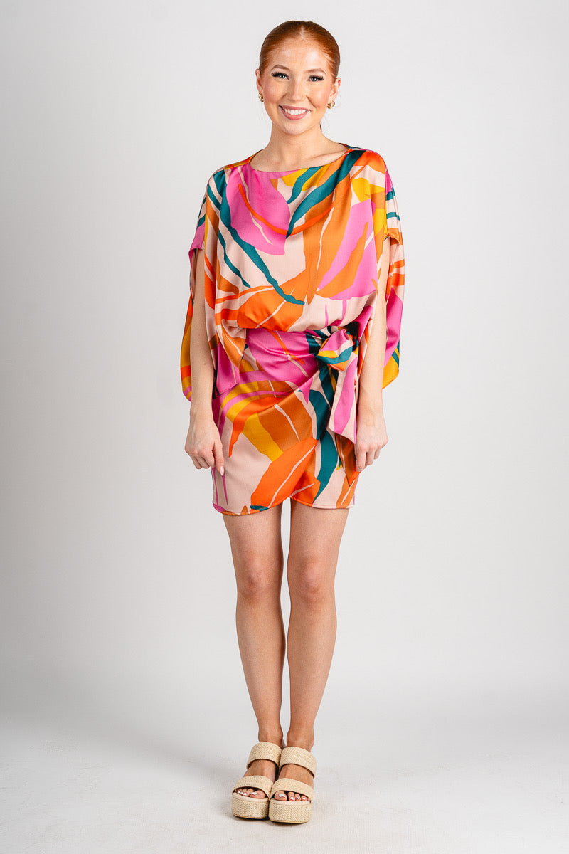 Abstract wrap dress pink multi - Fun dress - Unique Getaway Gear at Lush Fashion Lounge Boutique in Oklahoma