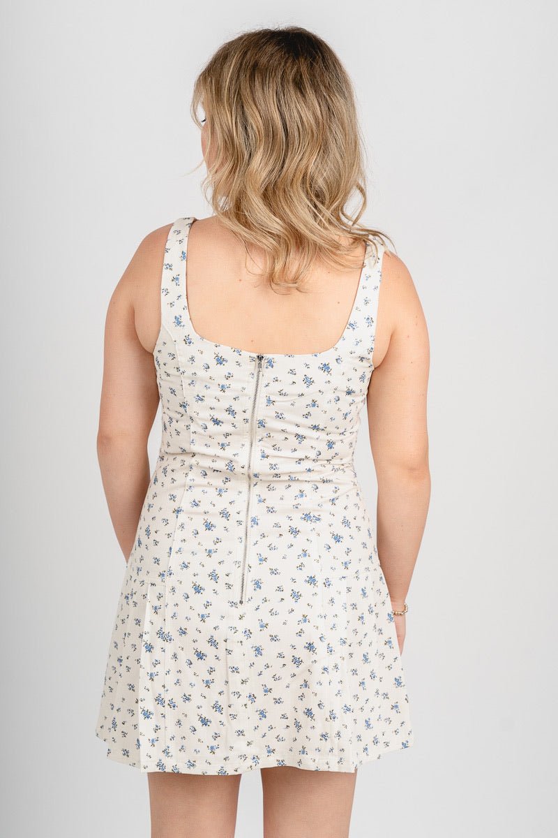 Sleeveless floral mini dress cream/blue
