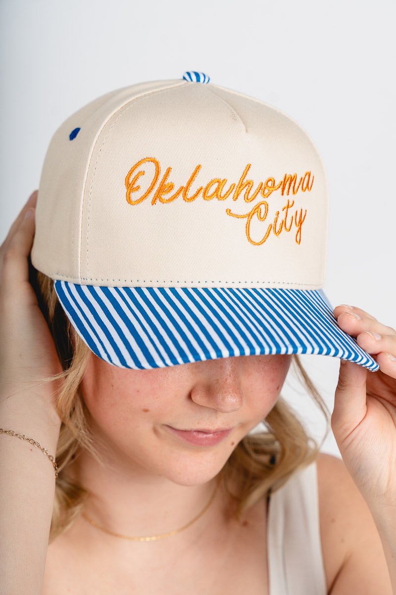 Oklahoma City script pin stripe hat cobalt pin stripe/cream - Trendy Hats at Lush Fashion Lounge Boutique in Oklahoma City