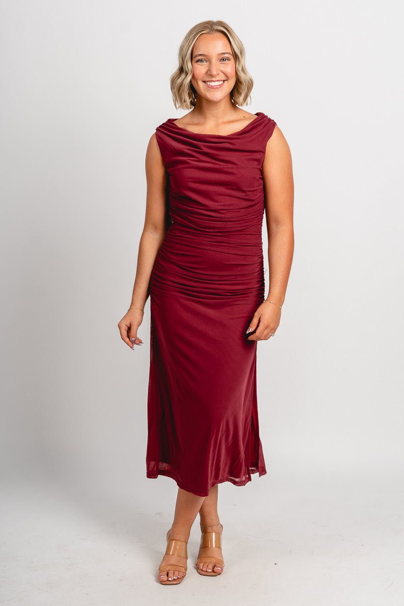 Off shoulder mesh midi dress dark rose - Exclusive Collection of Holiday Inspired T-Shirts and Hoodies at Lush Fashion Lounge Boutique in Oklahoma City