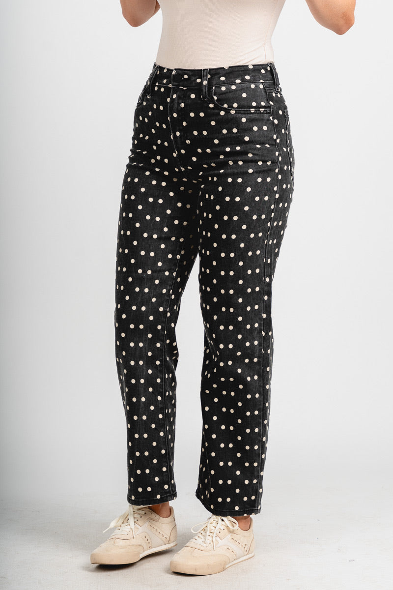 High rise polka dot straight jeans black/white