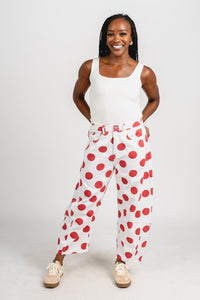 Polka dot barrel jeans white/red | Lush Fashion Lounge: boutique women's jeans, fashion jeans for women, affordable fashion jeans, cute boutique jeans