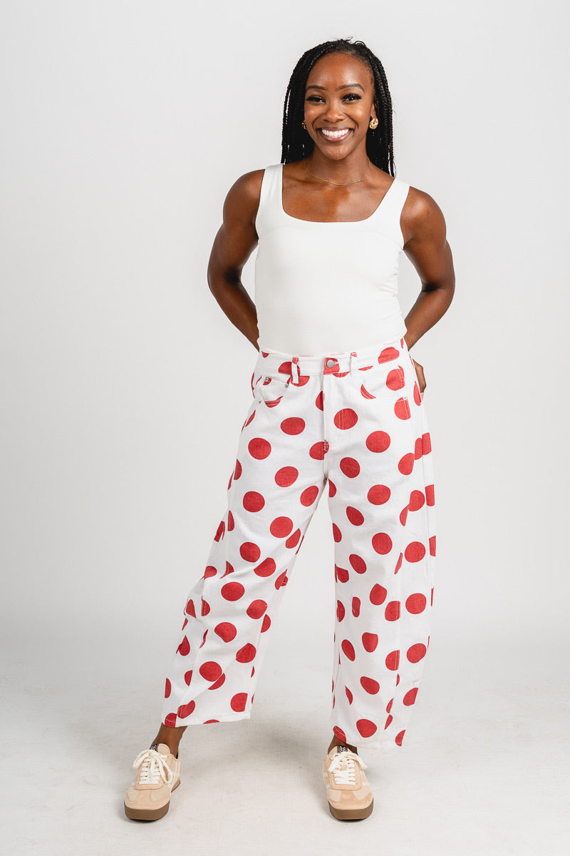 Polka dot barrel jeans white/red | Lush Fashion Lounge: boutique women's jeans, fashion jeans for women, affordable fashion jeans, cute boutique jeans