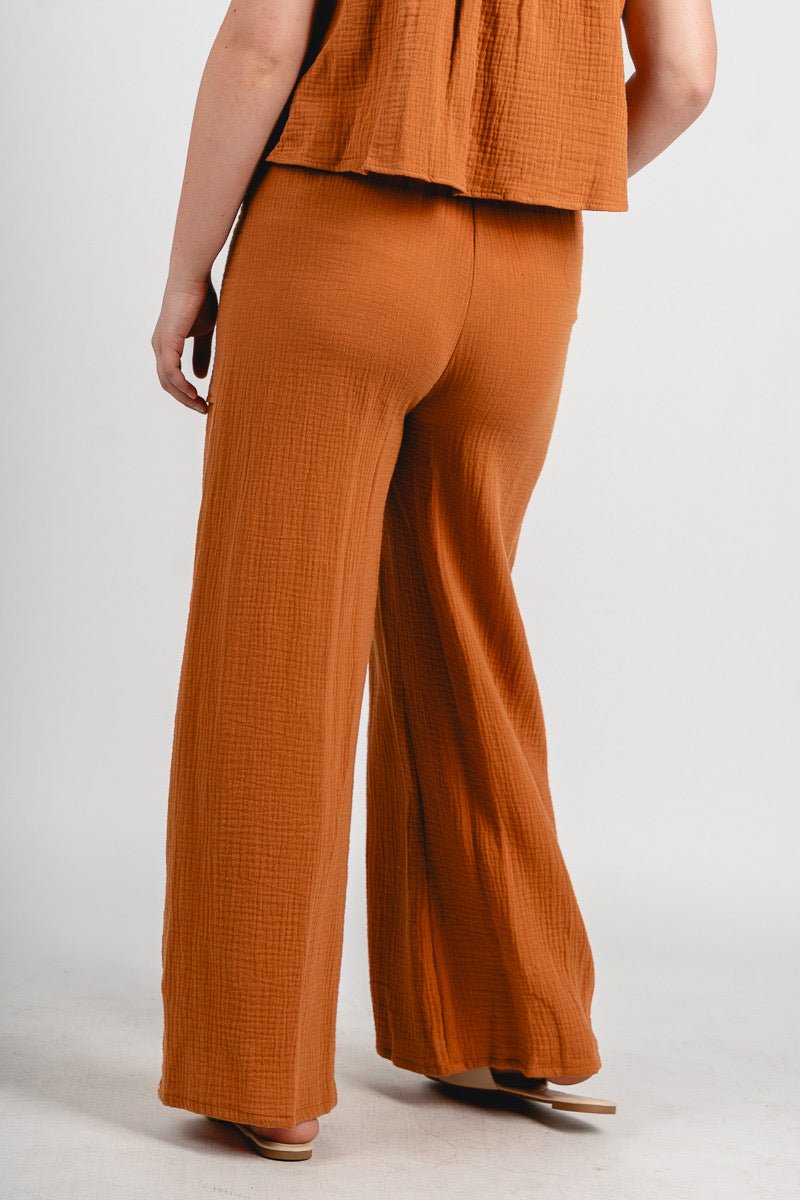 Gauze wide leg pants maple | Lush Fashion Lounge: women's boutique pants, boutique women's pants, affordable boutique pants, women's fashion pants