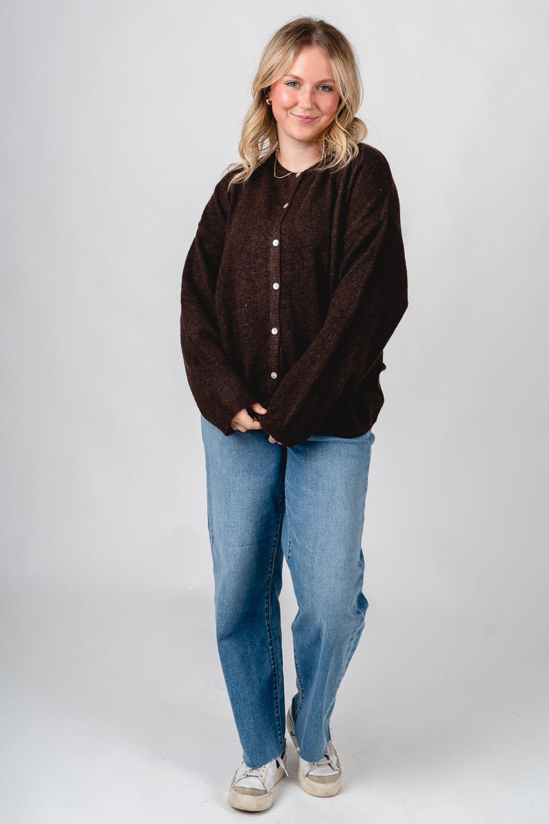 Button up sweater cardigan dark brown - Trendy Cardigan - Fashion Cardigans & Cute Kimonos at Lush Fashion Lounge Boutique in Oklahoma City