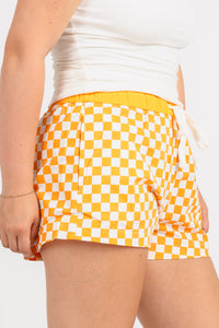 Drawstring checkered shorts orange/white - Cute Shorts - Trendy Shorts at Lush Fashion Lounge Boutique in Oklahoma City