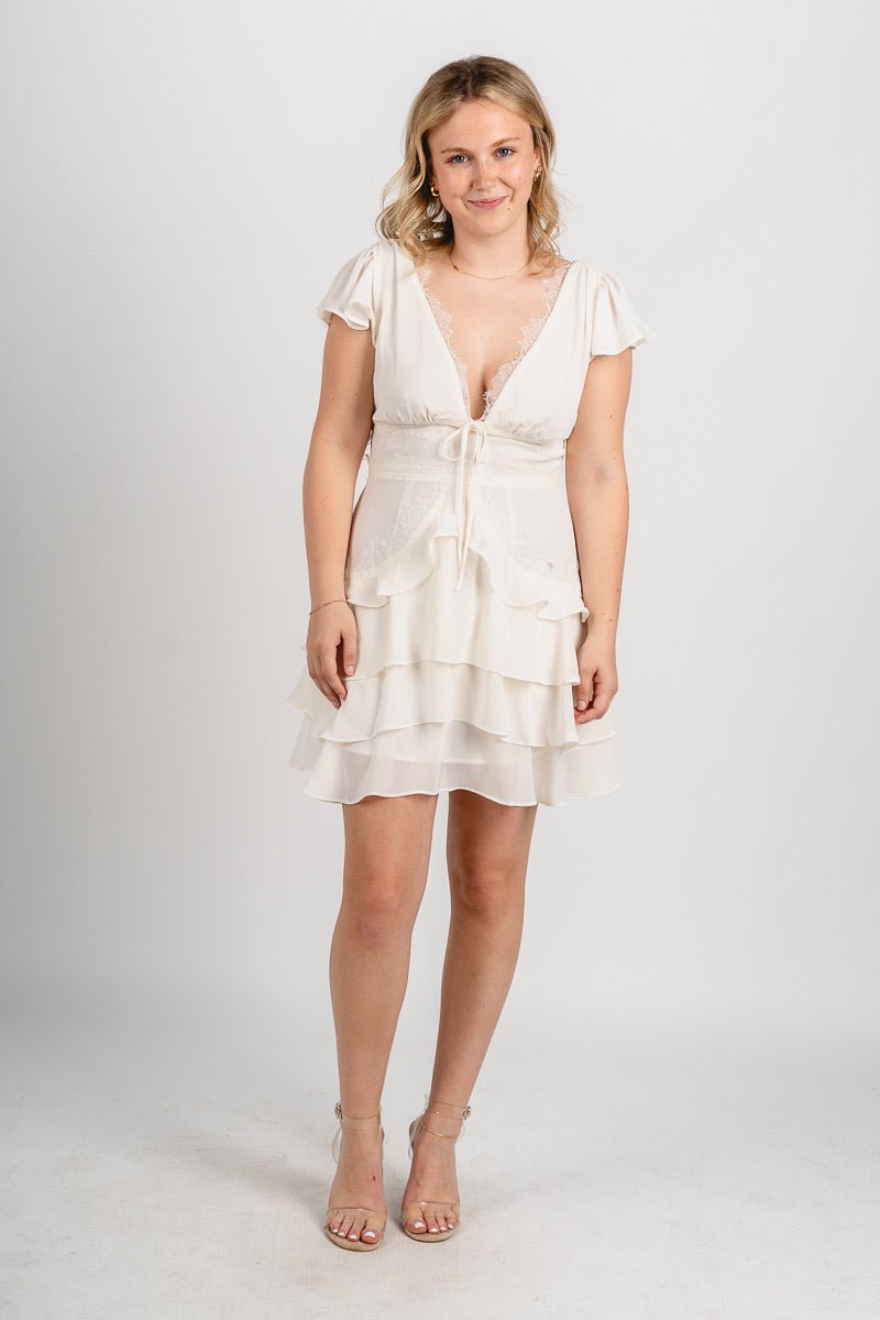 Tiered lace detail mini dress Ivory Ivory / Small Tiered lace detail mini dress Ivory Ivory / Small