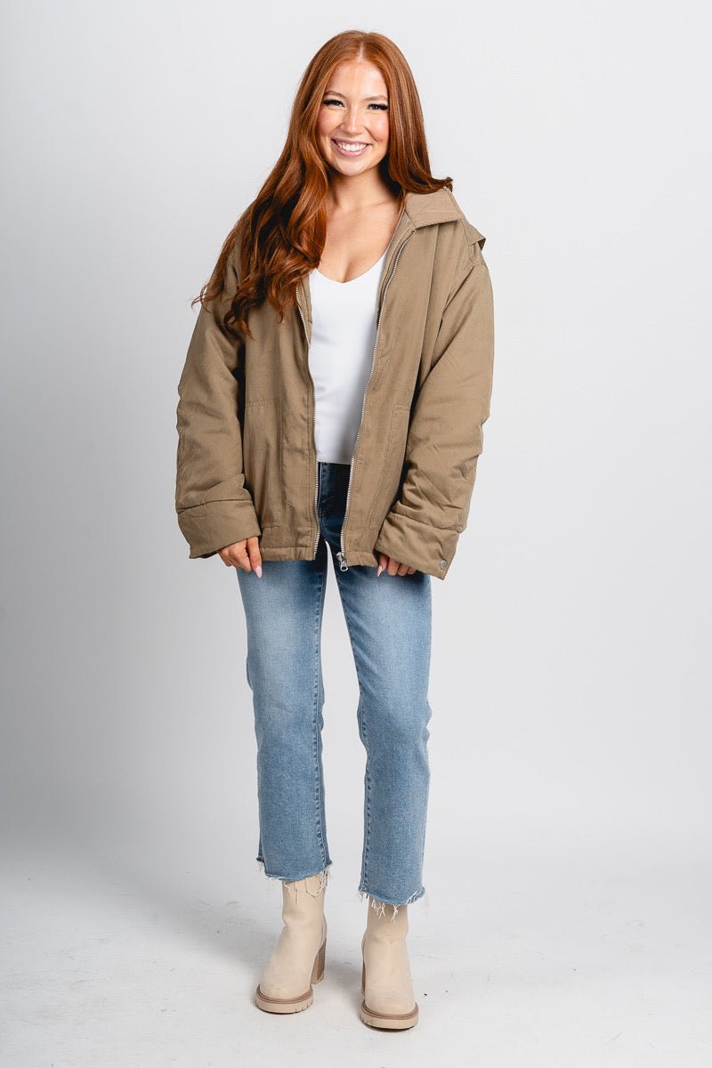 Puffer barn jacket olive – Unique Blazers | Cute Blazers For Women at Lush Fashion Lounge Boutique in Oklahoma City
