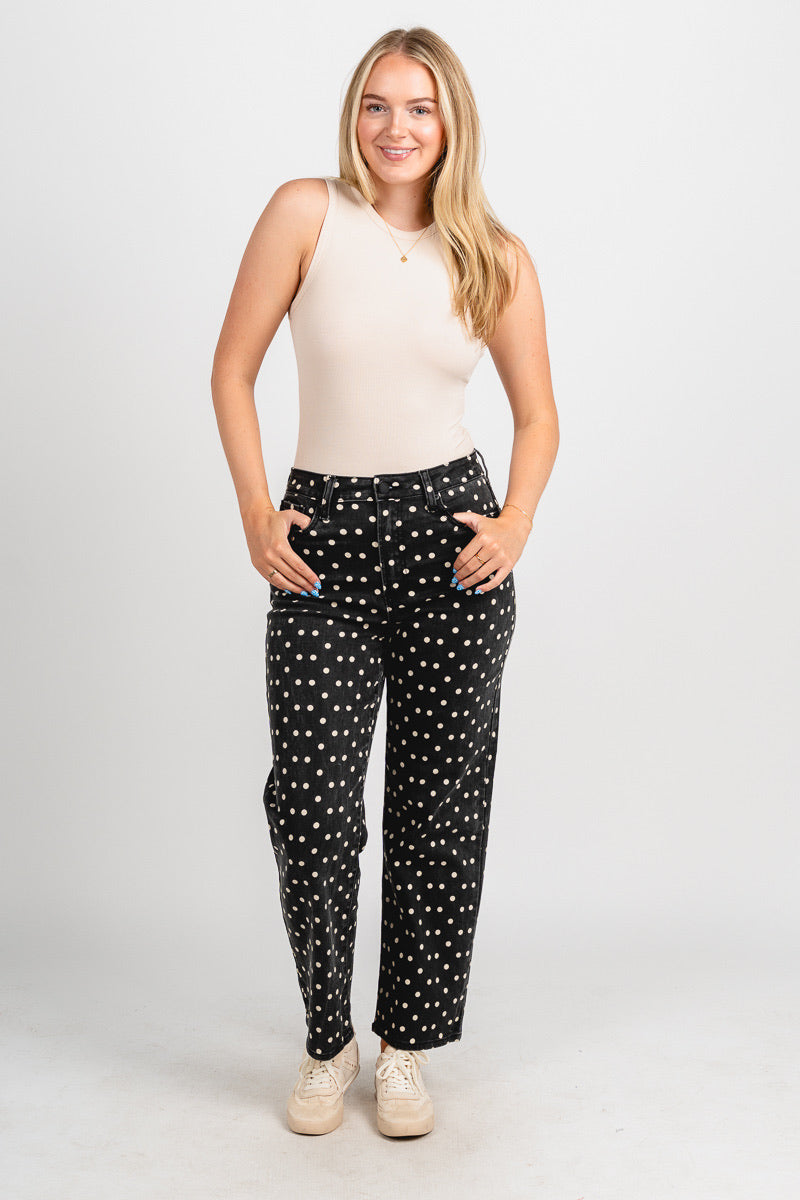 High rise polka dot straight jeans black/white