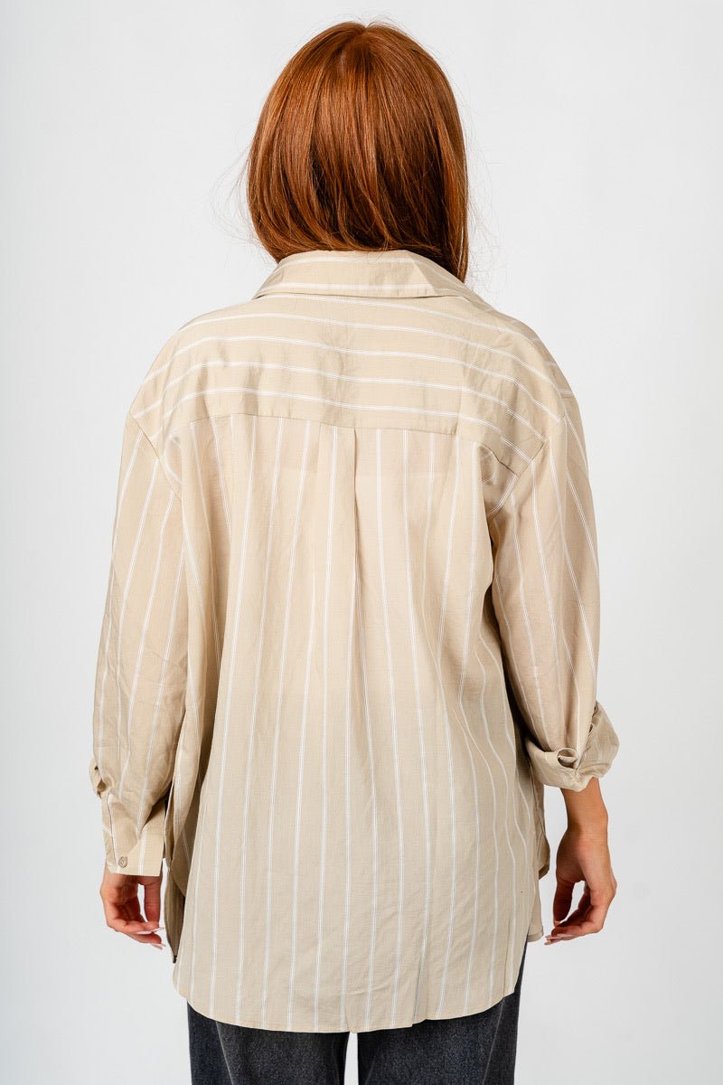 Striped oversized button up top khaki