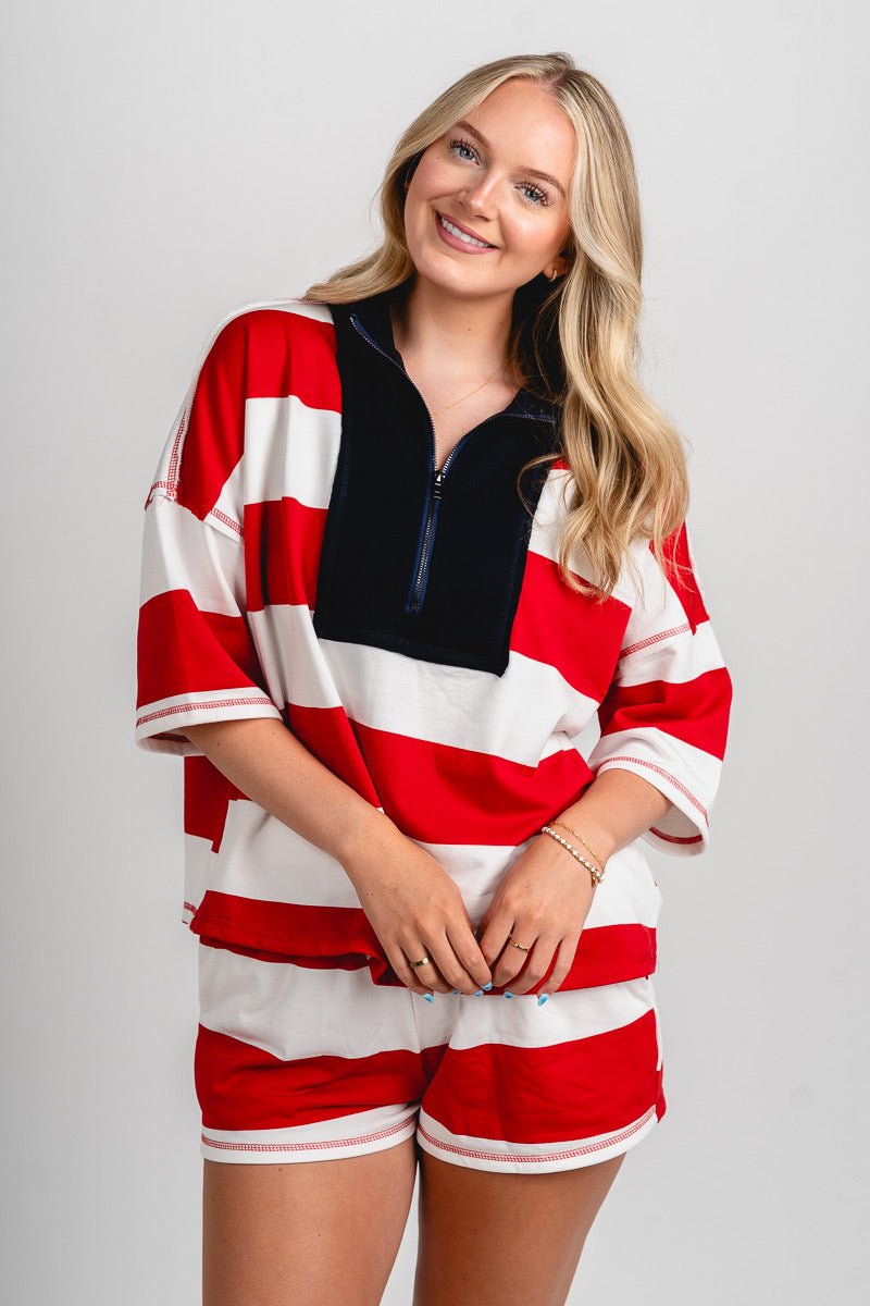 Striped half zip pullover red/navy - Cute Sweatshirt - Fun American Summer Outfits at Lush Fashion Lounge Boutique in Oklahoma City