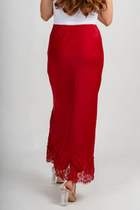 Satin lace trim maxi skirt crimson | Lush Fashion Lounge: boutique fashion skirts, affordable boutique skirts, cute affordable skirts