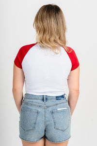 OU OU Sooners home run baby tee cardinal/white T-shirt | Lush Fashion Lounge Trendy Oklahoma University Sooners Apparel & Cute Gameday T-Shirts