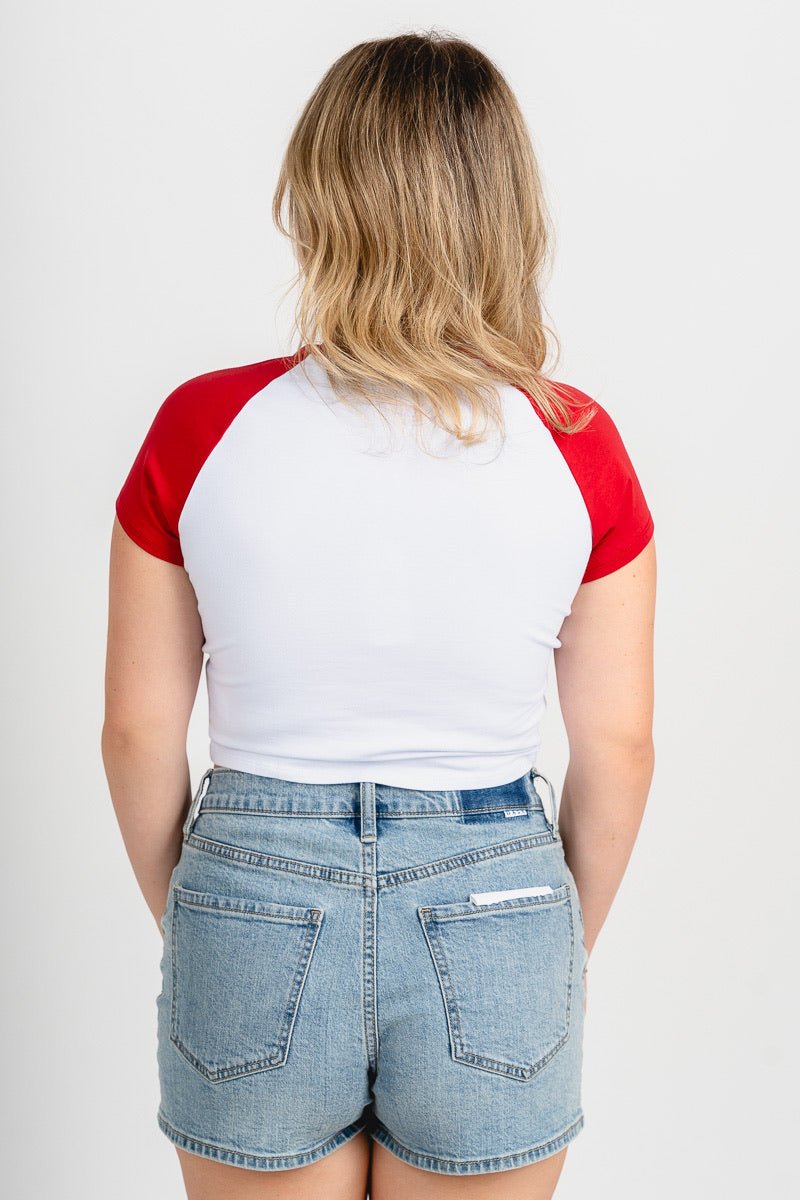 OU OU Sooners home run baby tee cardinal/white T-shirt | Lush Fashion Lounge Trendy Oklahoma University Sooners Apparel & Cute Gameday T-Shirts