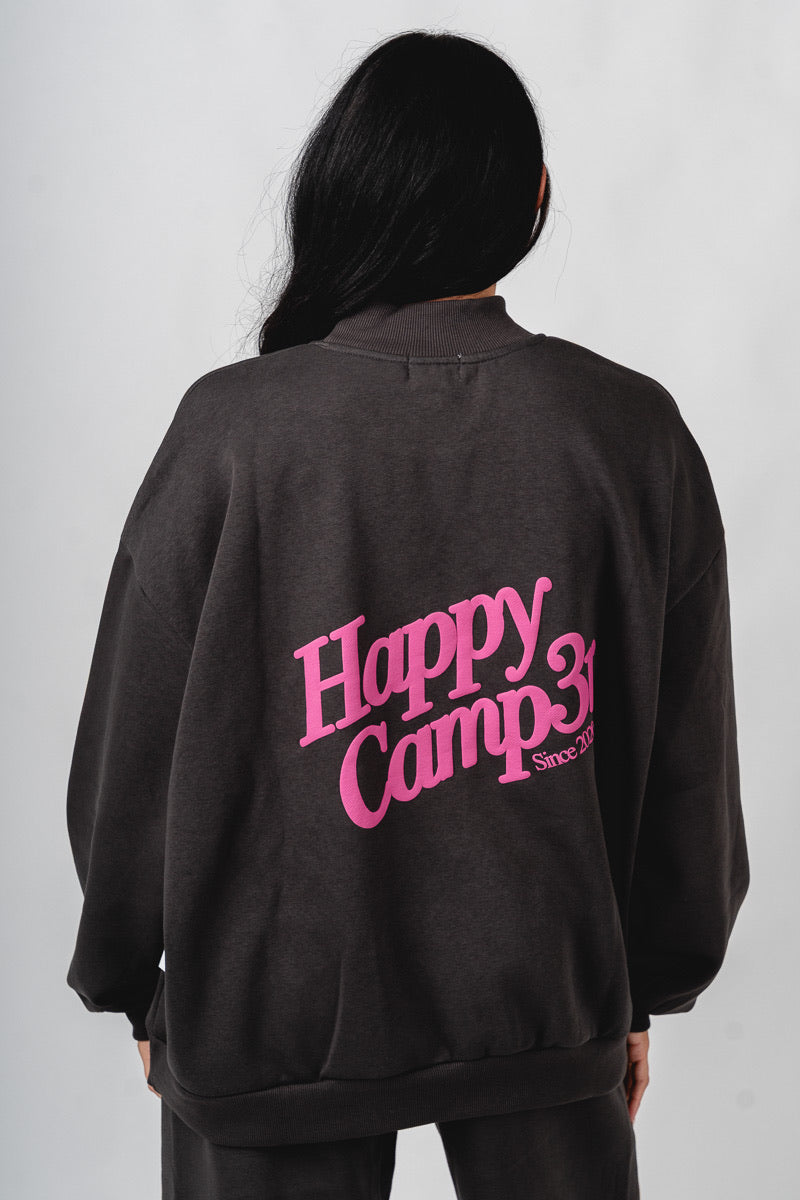 Happy Camper puff mock neck sweatshirt charcoal