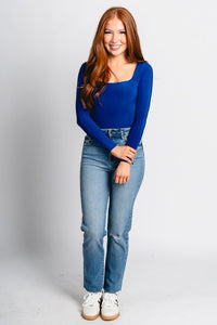 Square neck long sleeve bodysuit royal blue - Oklahoma City inspired graphic t-shirts at Lush Fashion Lounge Boutique in Oklahoma City
