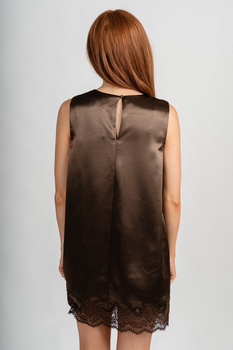 Satin lace trim mini dress brown